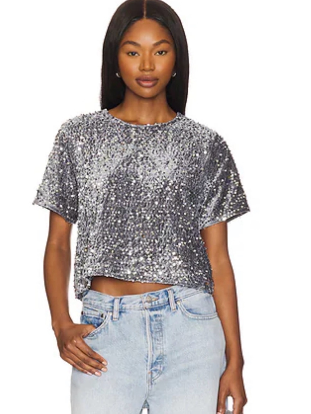 REVOLVE Silver Sequin Short Sleeve Crop Top